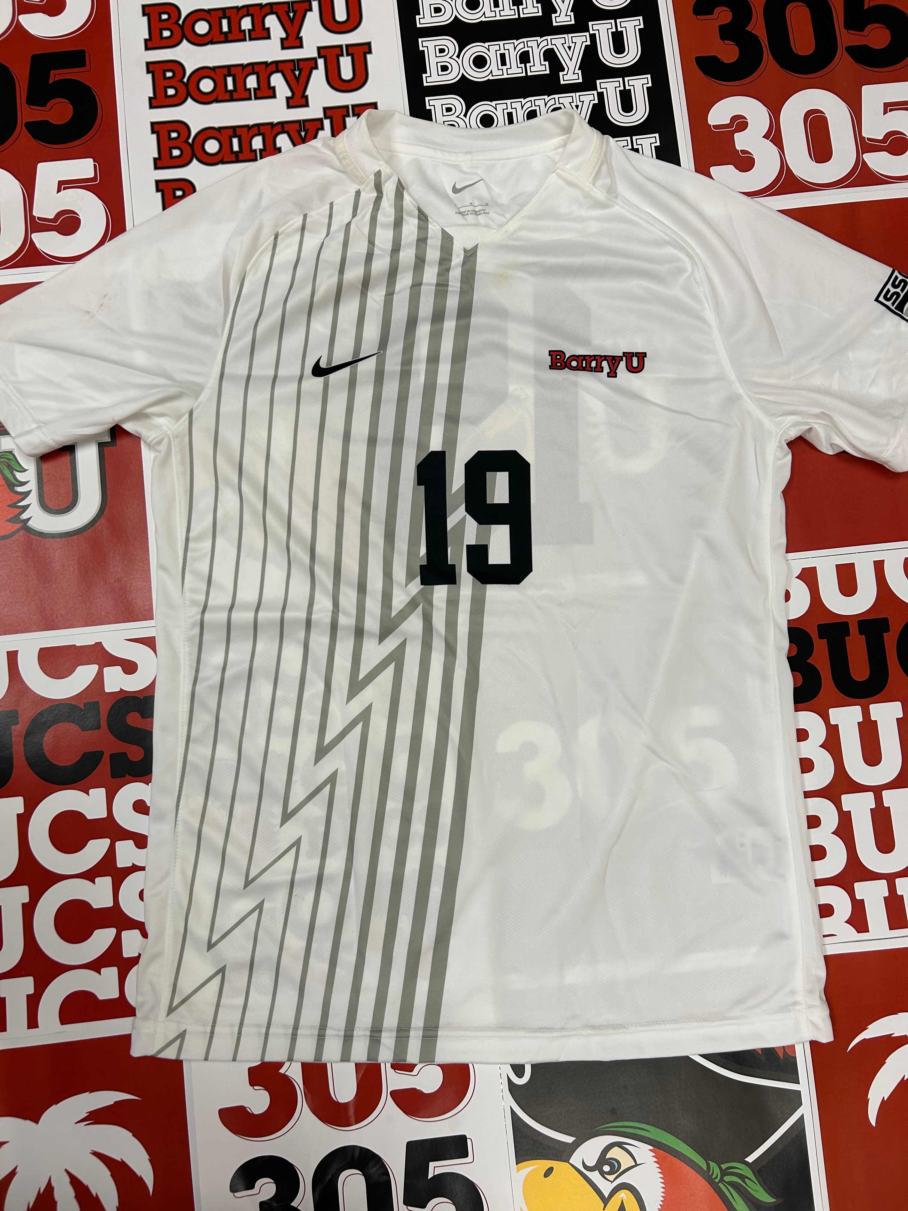 White jersey w/ gray stripes #19