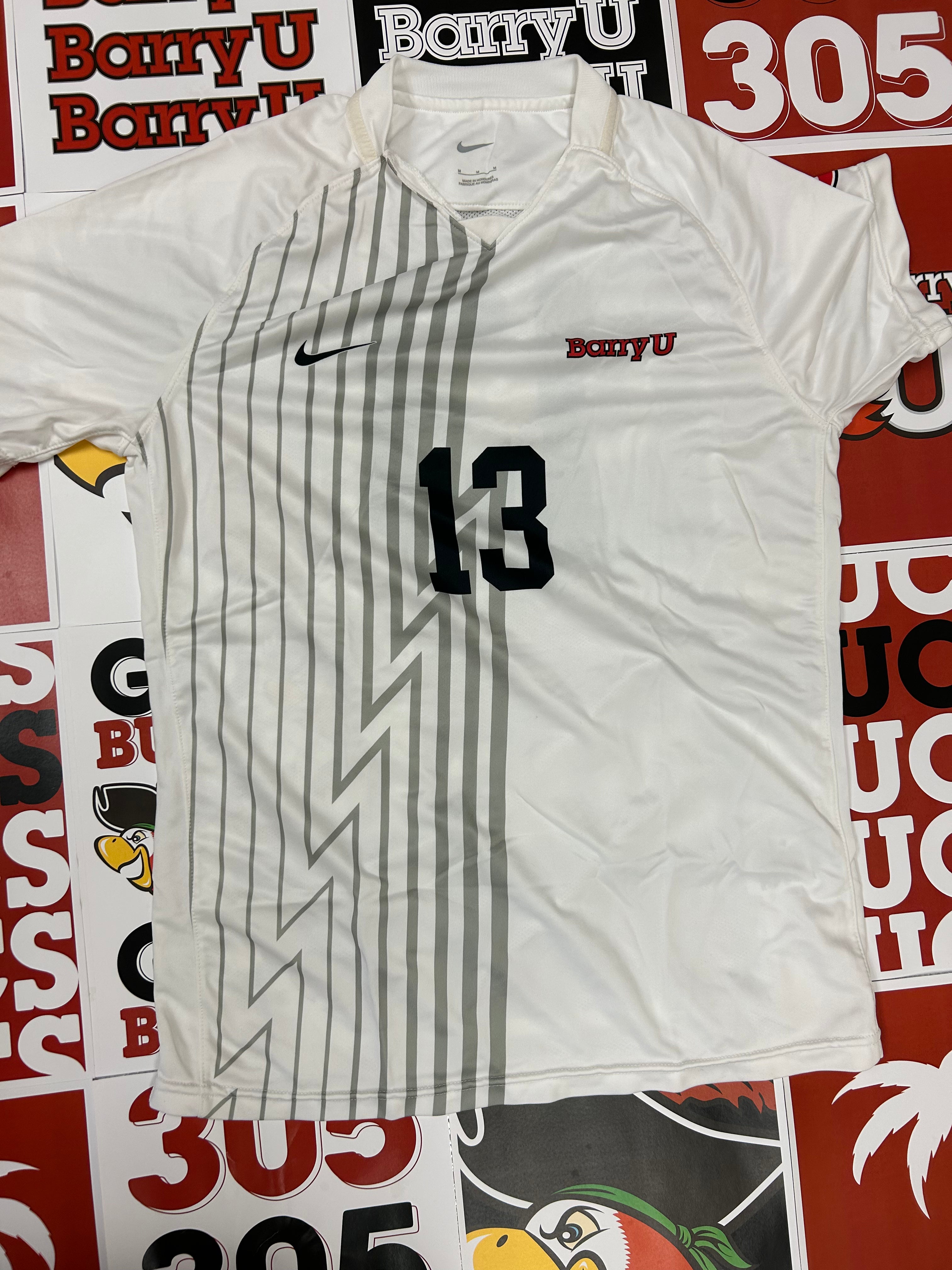 White jersey w/ gray stripes #13