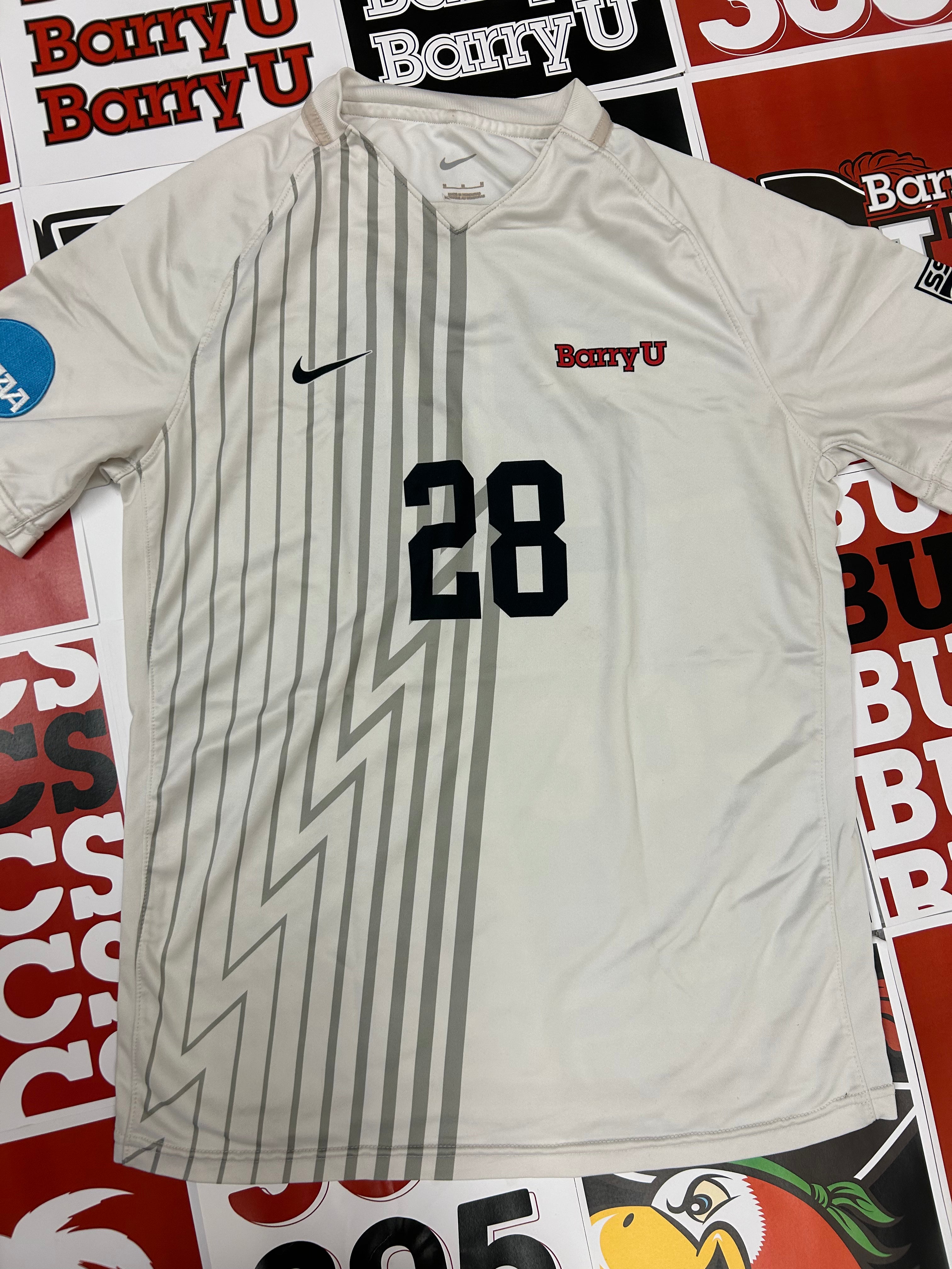 White jersey w/ gray stripes #28