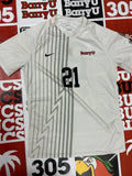 White jersey w/ gray stripes #21