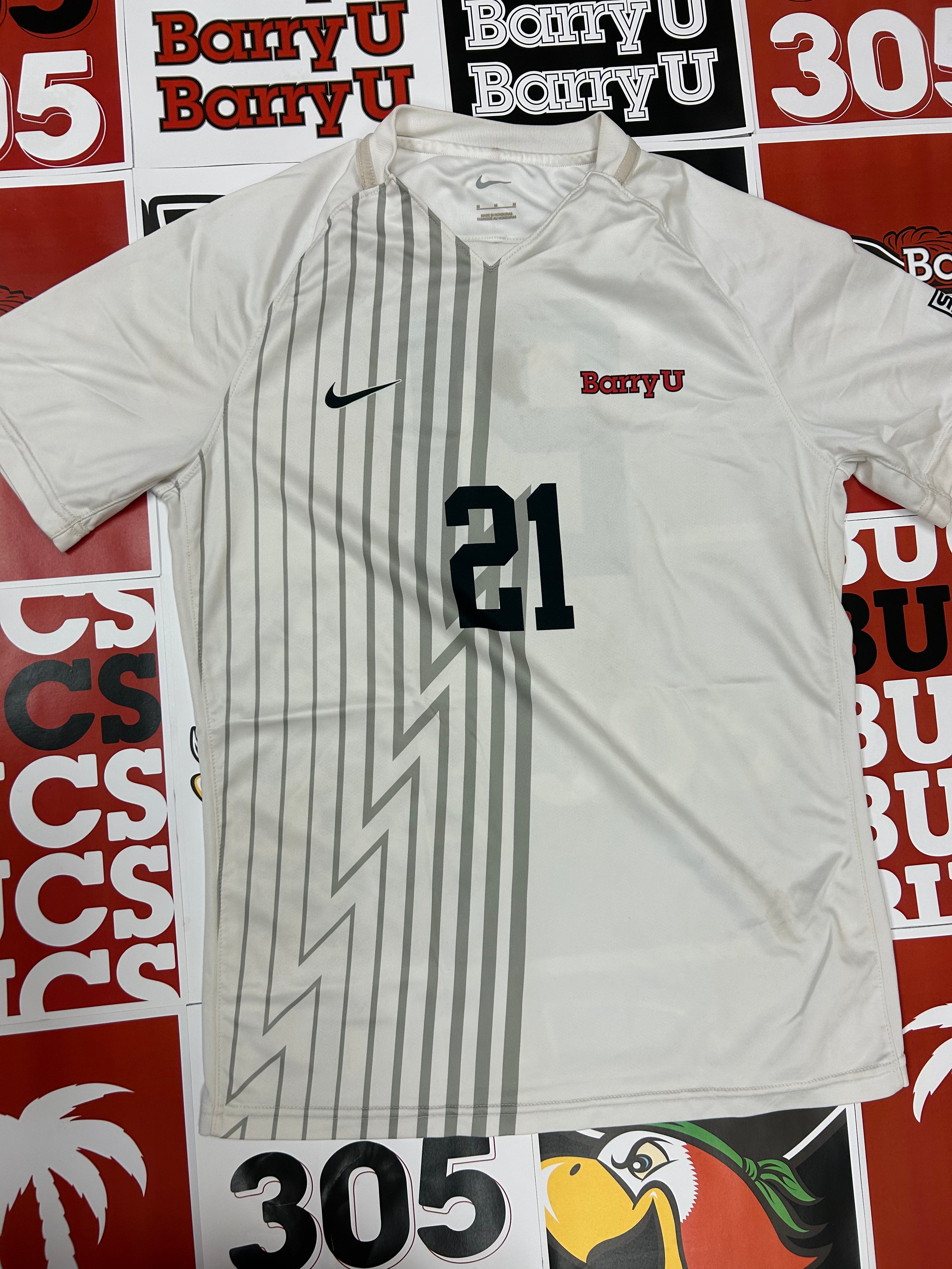 White jersey w/ gray stripes #21