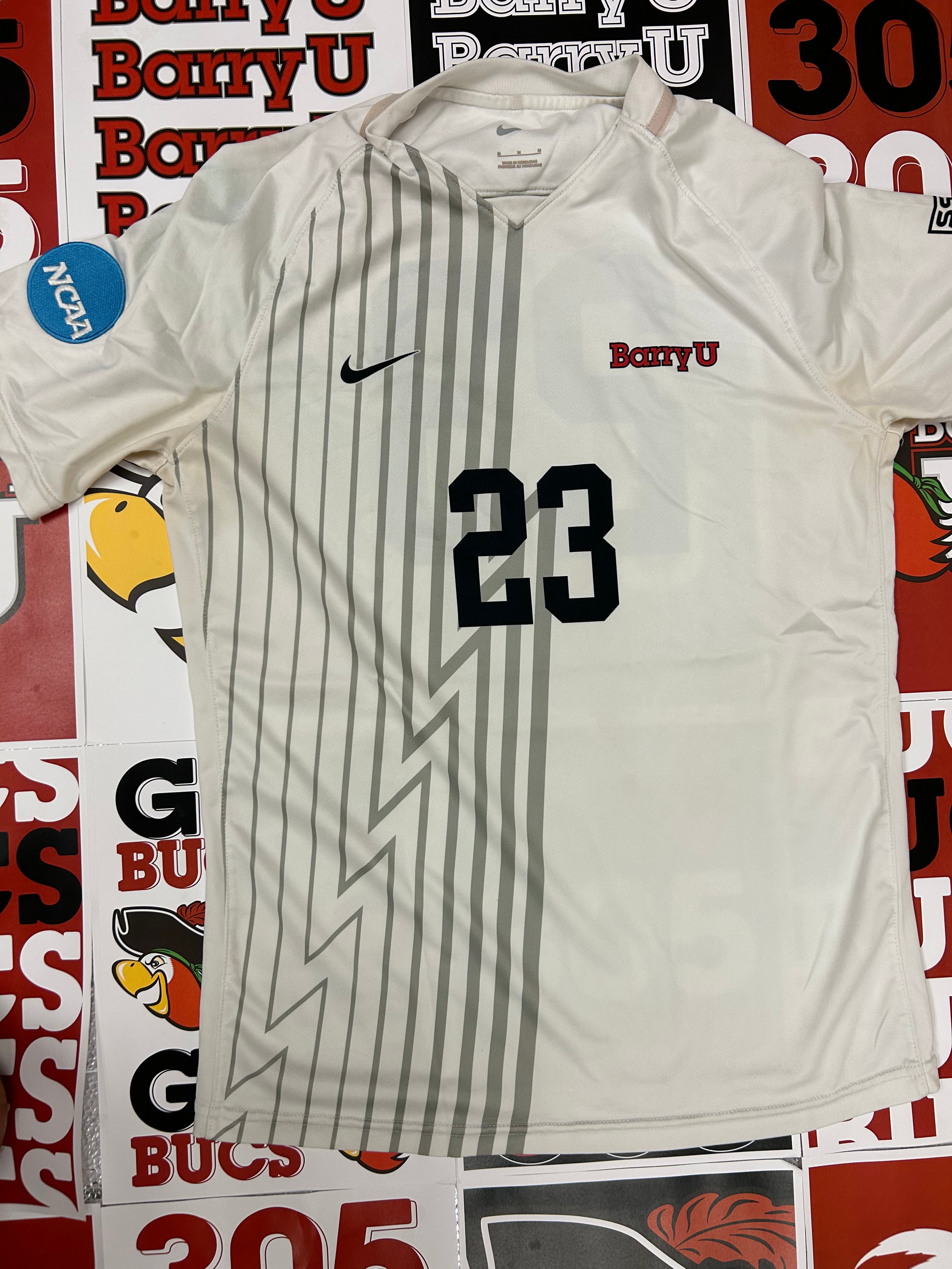 White jersey w/ gray stripes #23