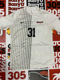 White jersey w/ gray stripes #31