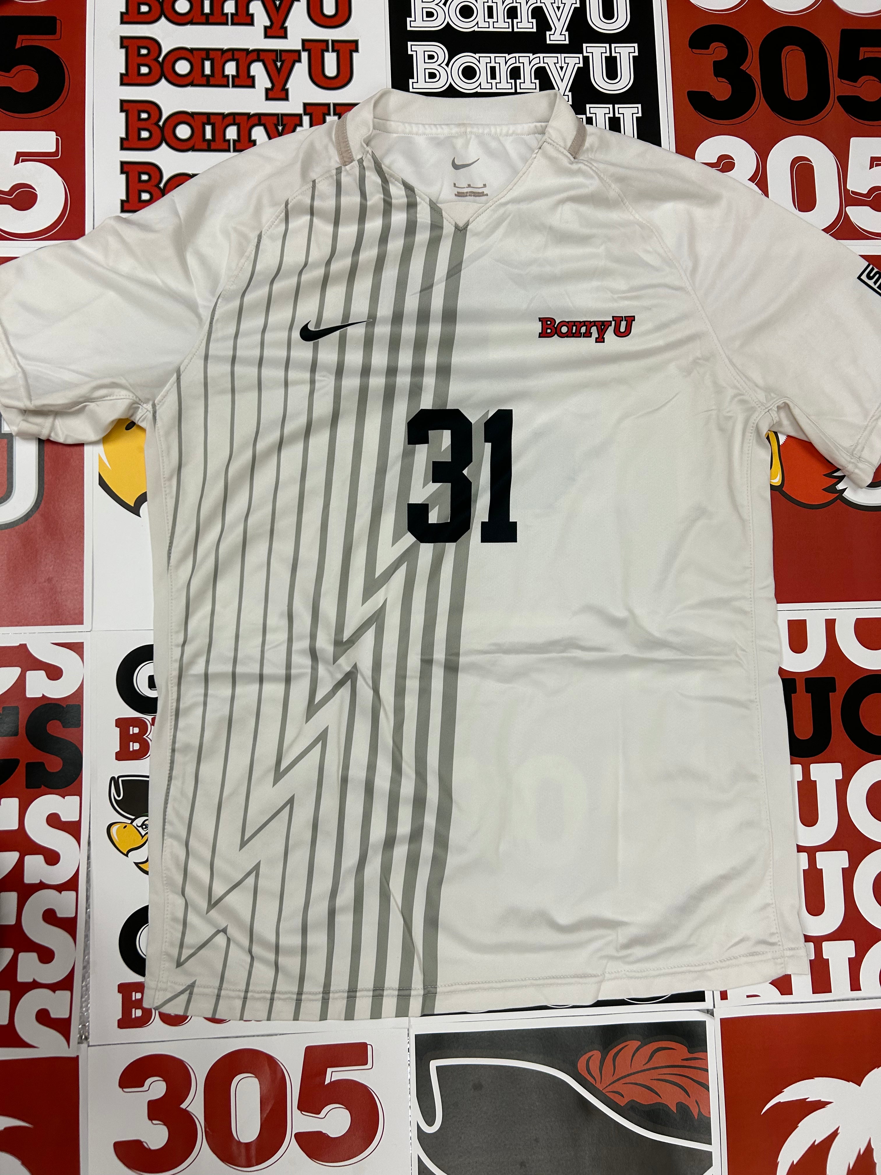 White jersey w/ gray stripes #31