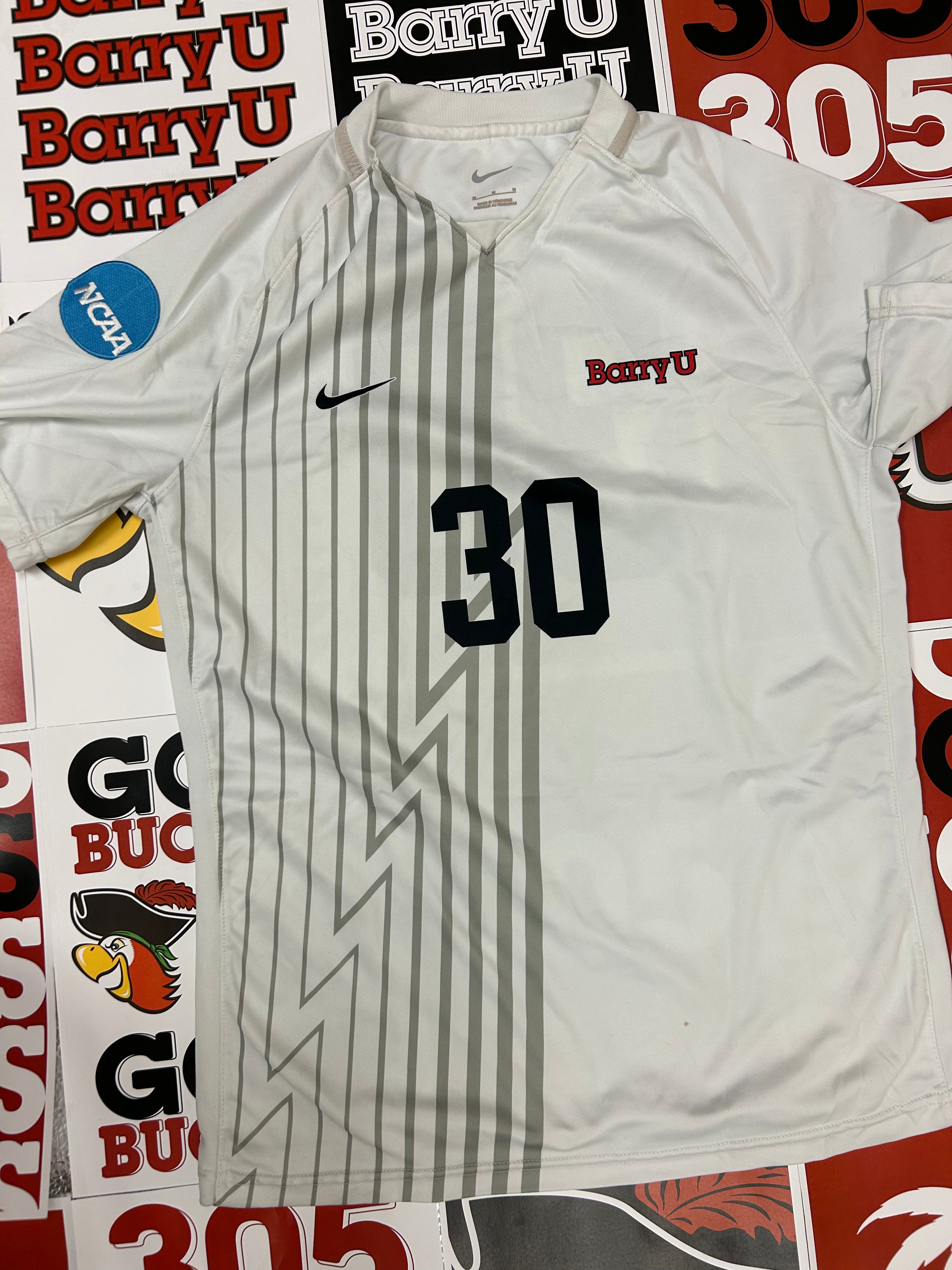 White jersey w/ gray stripes #30
