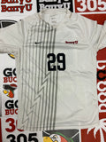 White jersey w/ gray stripes #29