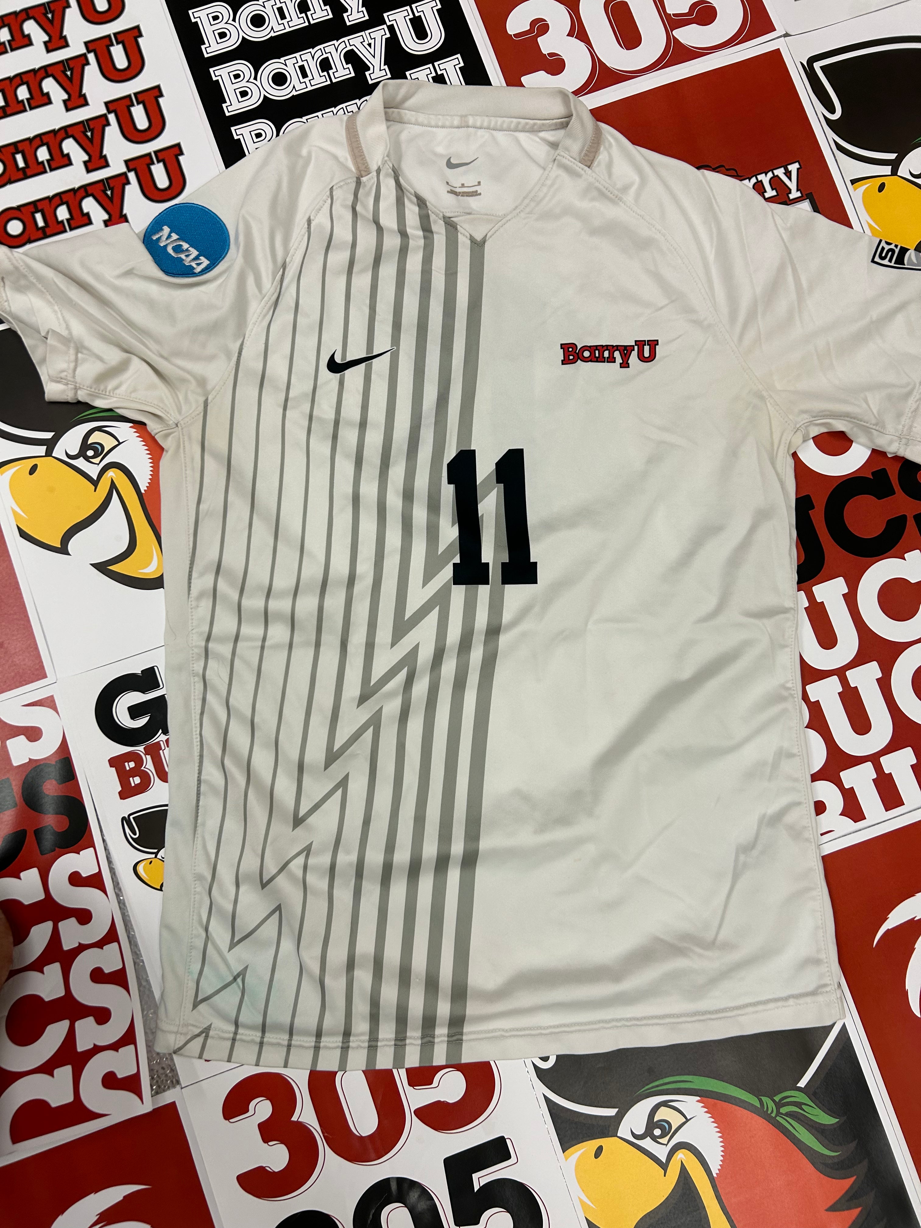 White jersey w/ gray stripes #11