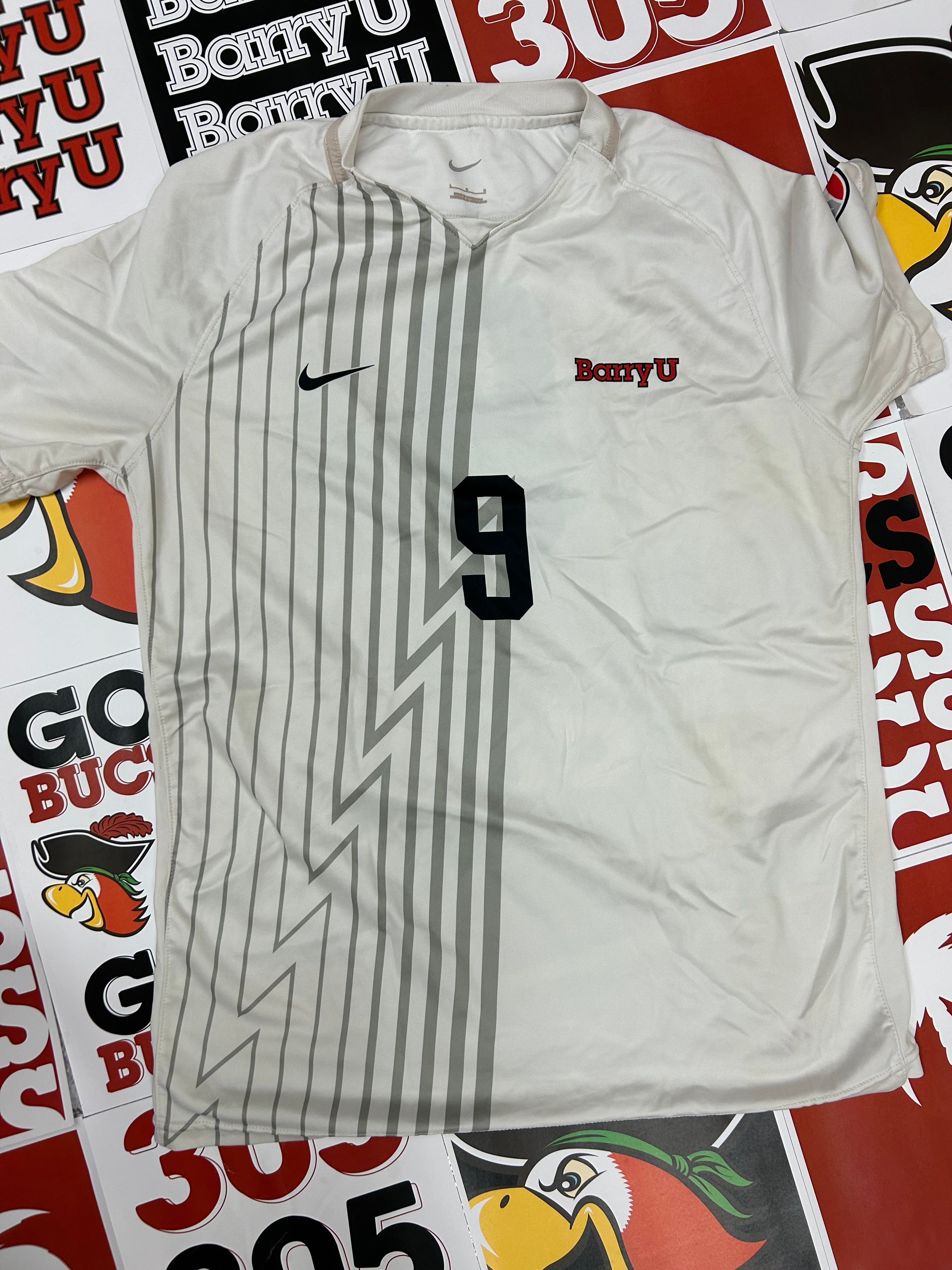 White jersey w/ gray stripes #9