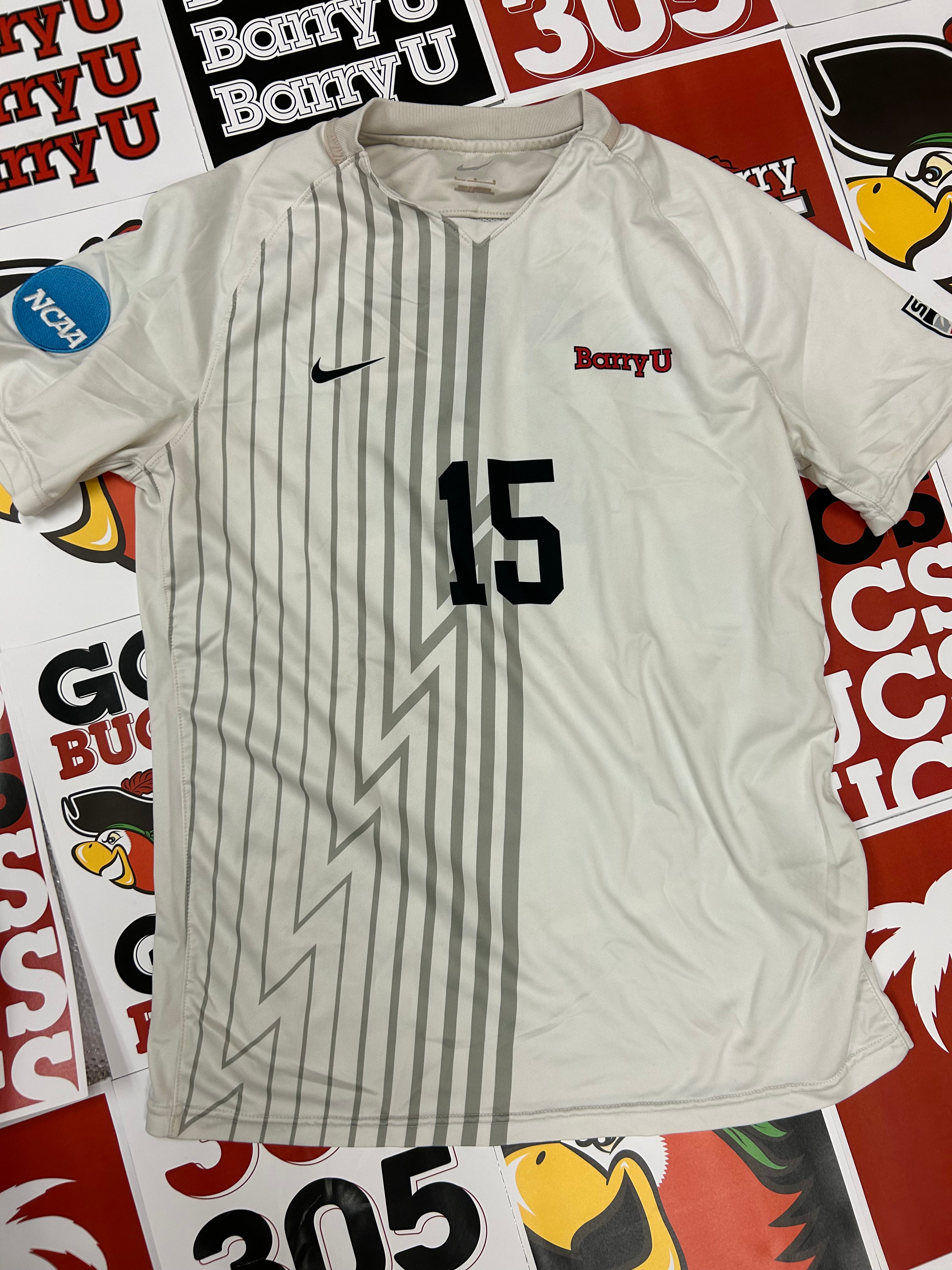 White jersey w/ gray stripes #15