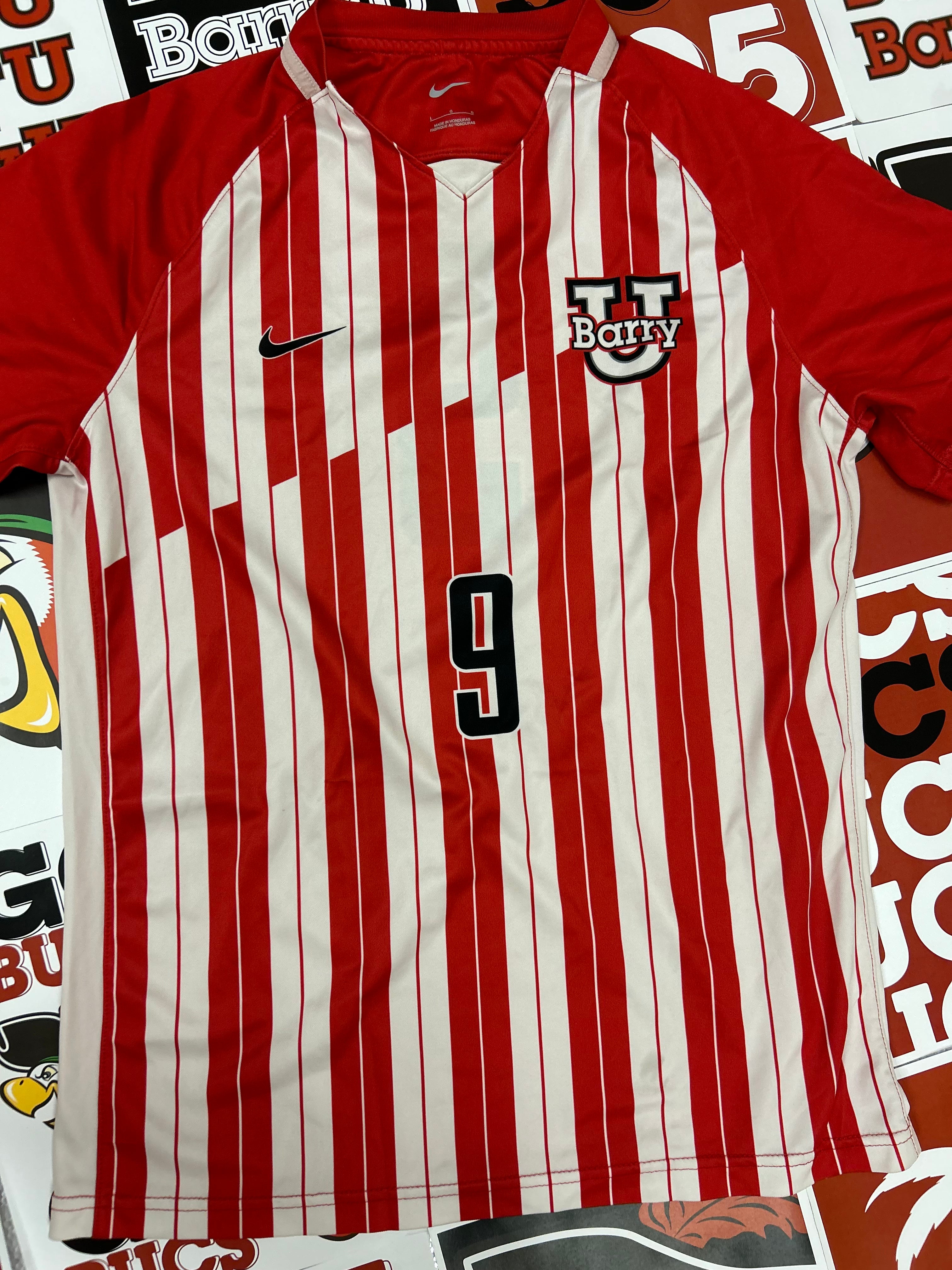 Red and white jersey #9