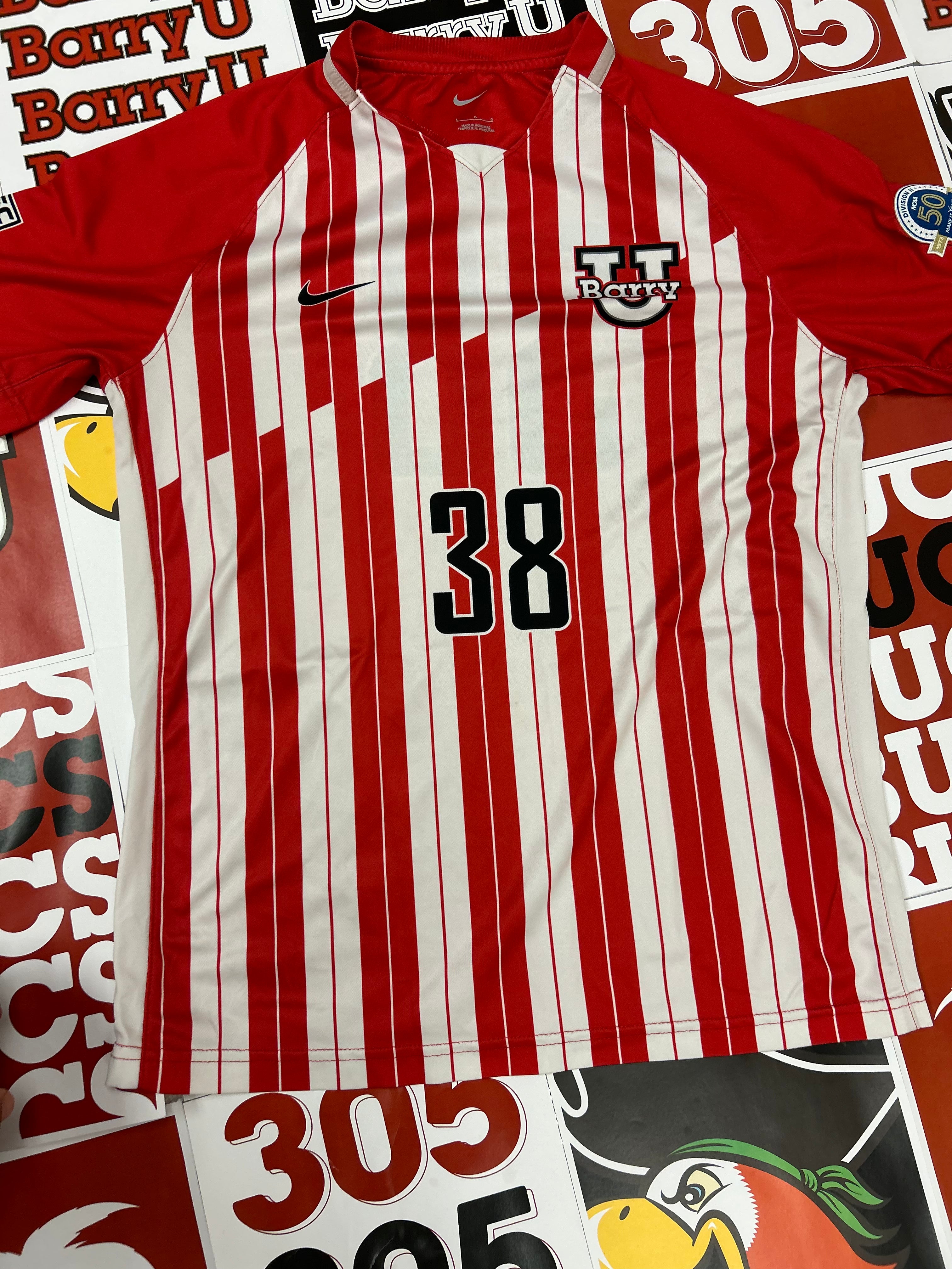 Red and white jersey #38