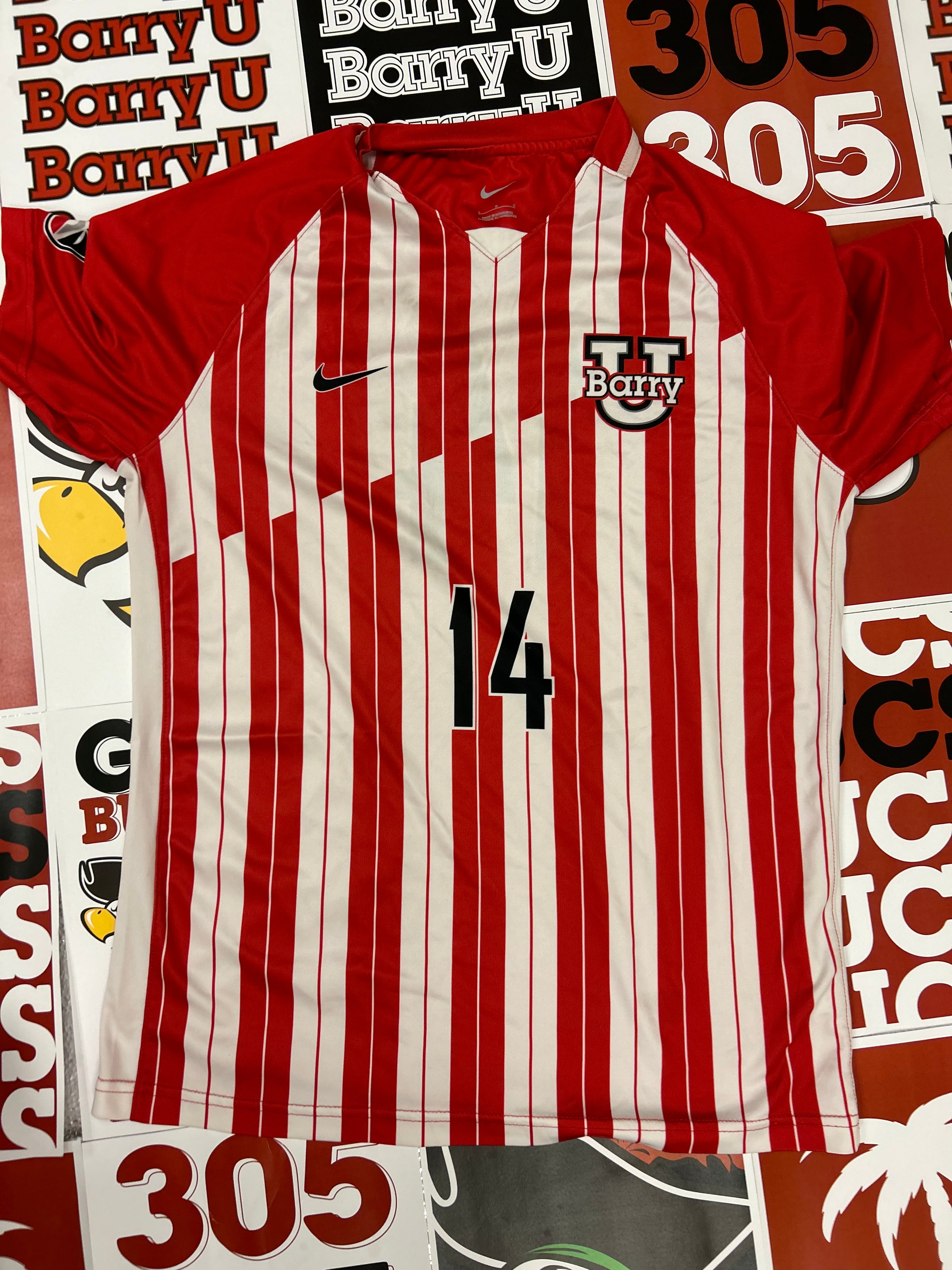 Red and white jersey #14