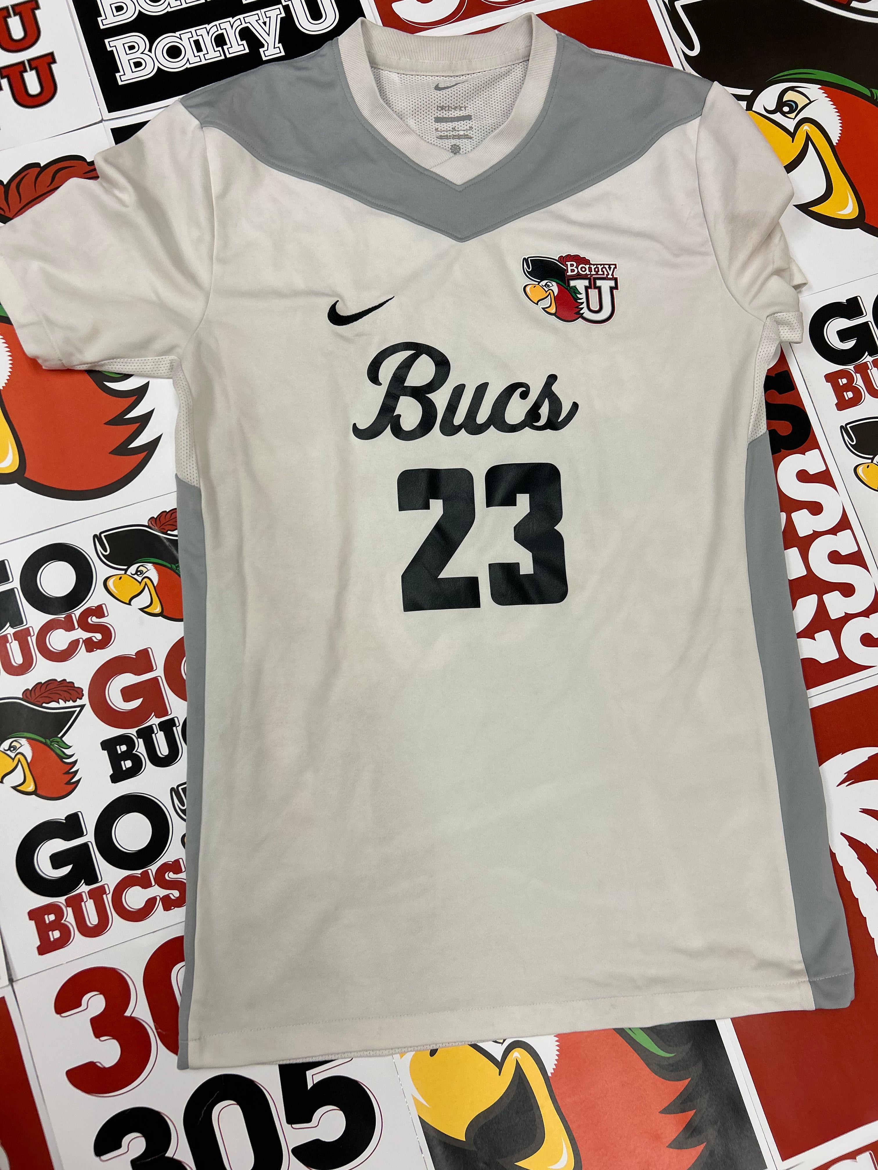 White jersey gray neck #23
